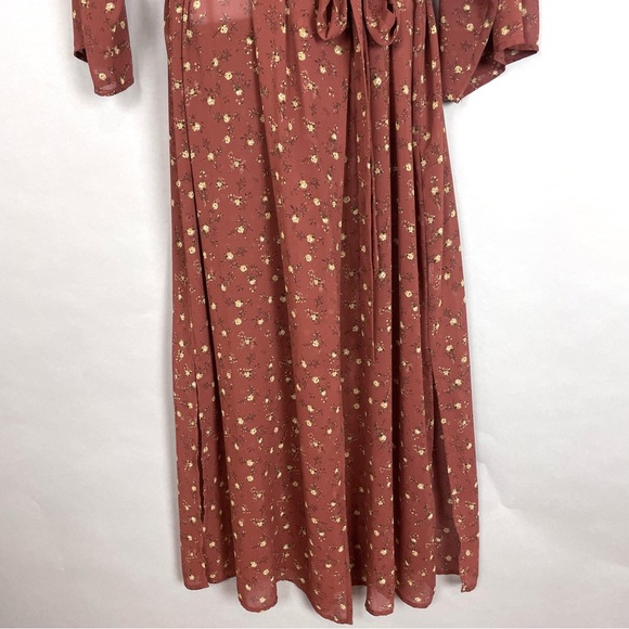 Forever 21 Floral Kimono Robe Semi-Sheer Size Medium Brown Belted Yellow Roses - Picture 5 of 10